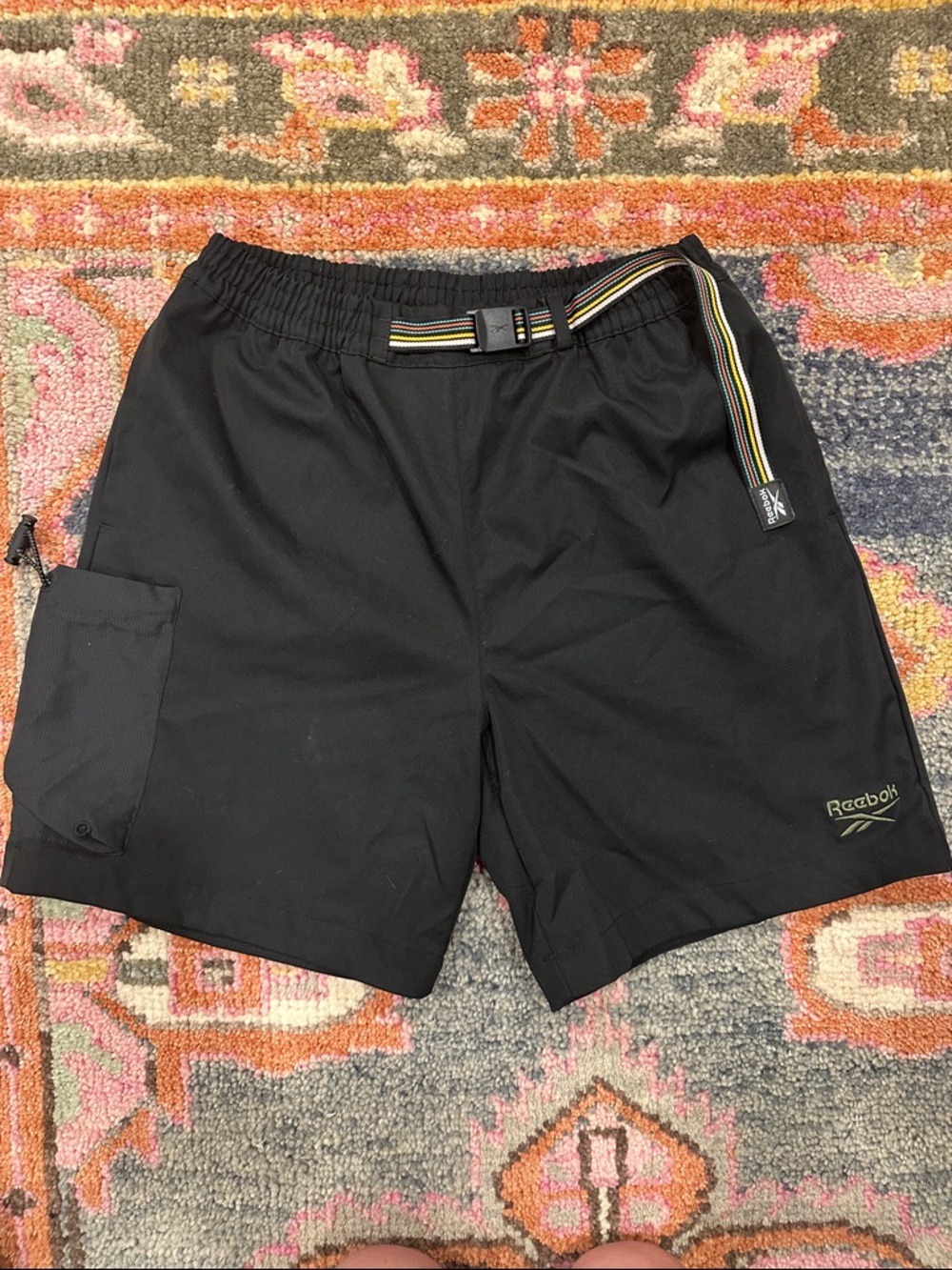 Reebok Men's Black Athletic Shorts with Striped Webbing Belt - Medium